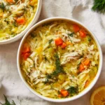 Bowl of Greek lemon chicken soup with fresh herbs and lemon slices