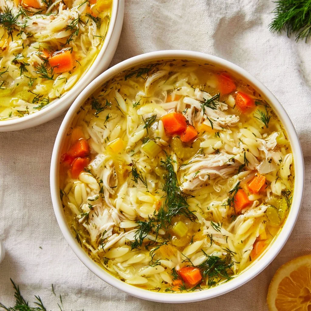 Bowl of Greek lemon chicken soup with fresh herbs and lemon slices