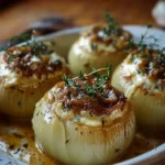A plate of Greek stuffed onions, beautifully presented and garnished.