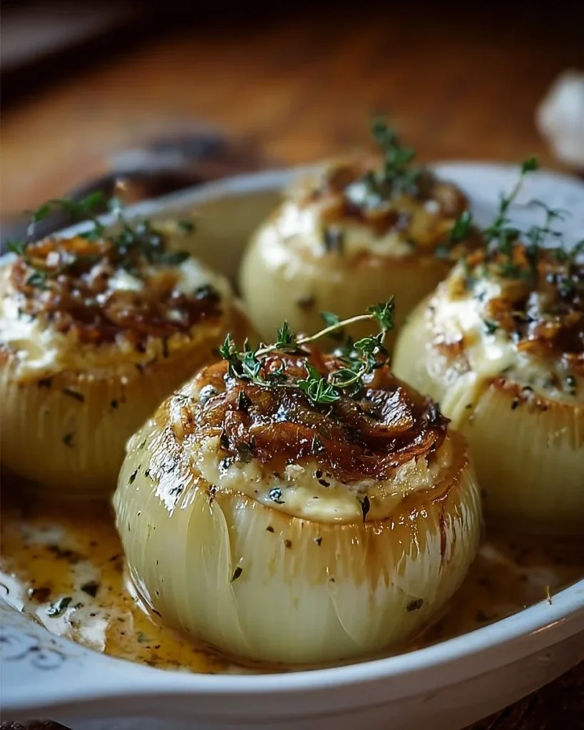 A plate of Greek stuffed onions, beautifully presented and garnished.