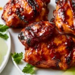 Grilled barbecue chicken breast served on a plate with herbs and sauce