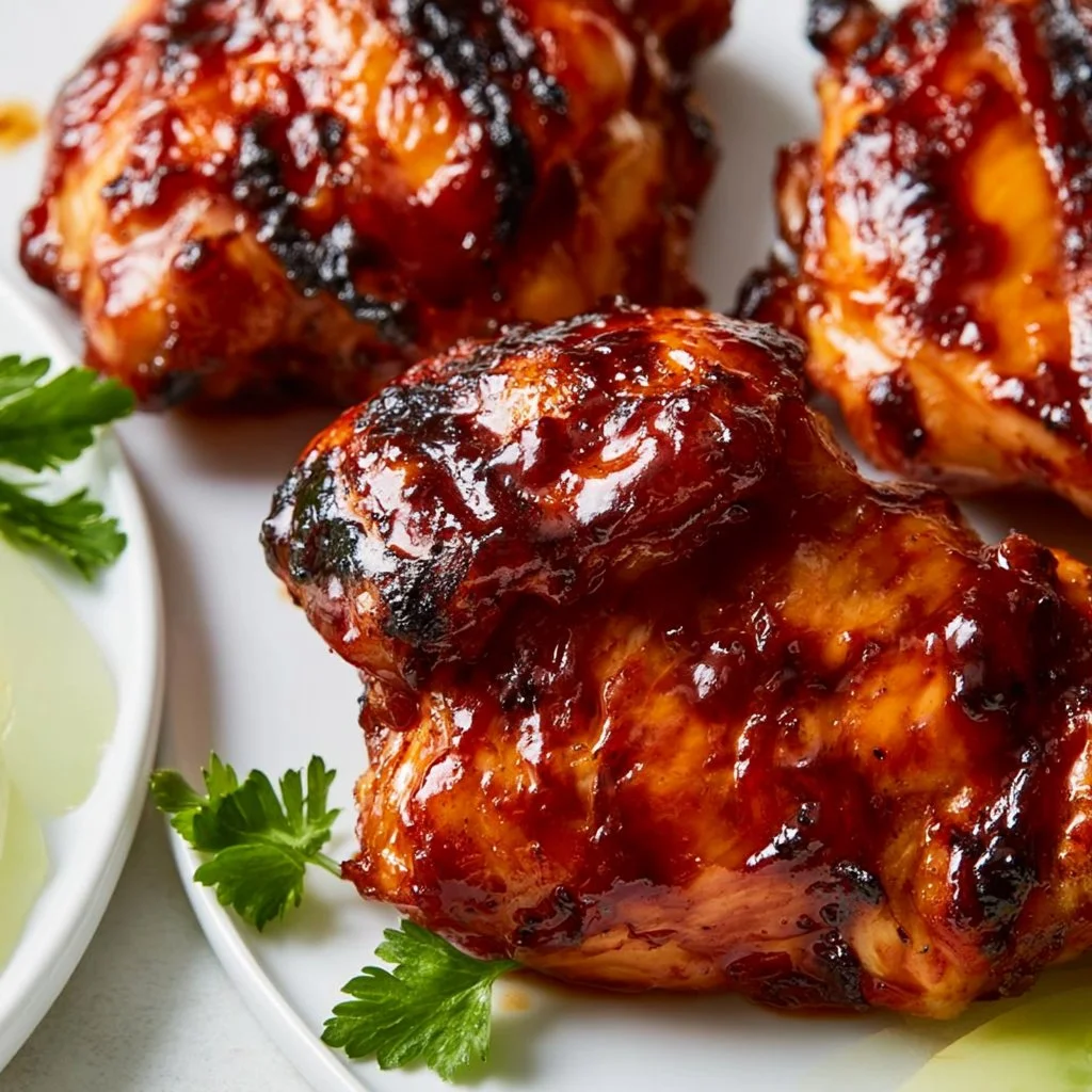 Grilled barbecue chicken breast served on a plate with herbs and sauce