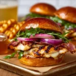 A delicious grilled chicken sandwich with fresh toppings and a side of fries