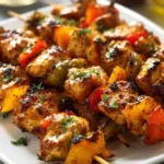 Grilled chicken skewers with cowboy butter on a plate ready to serve