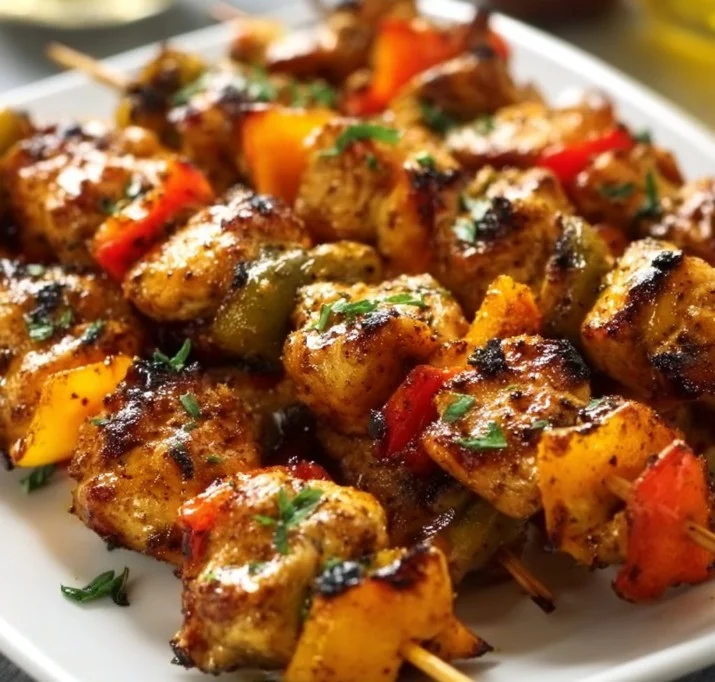 Grilled chicken skewers with cowboy butter on a plate ready to serve
