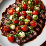 Grilled flank steak caprese salad drizzled with balsamic dressing.