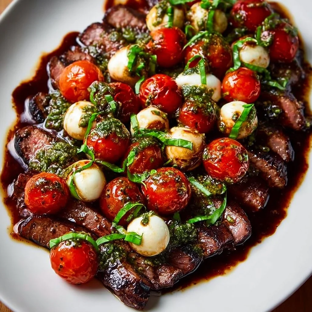 Grilled flank steak caprese salad drizzled with balsamic dressing.