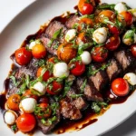 Grilled flank steak caprese with fresh tomatoes, mozzarella, and balsamic dressing