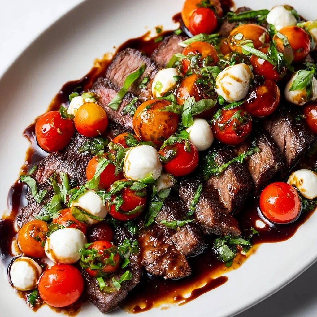 Grilled flank steak caprese with fresh tomatoes, mozzarella, and balsamic dressing