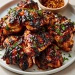 Grilled Korean chicken thighs served with ssamjang sauce garnished with green onions