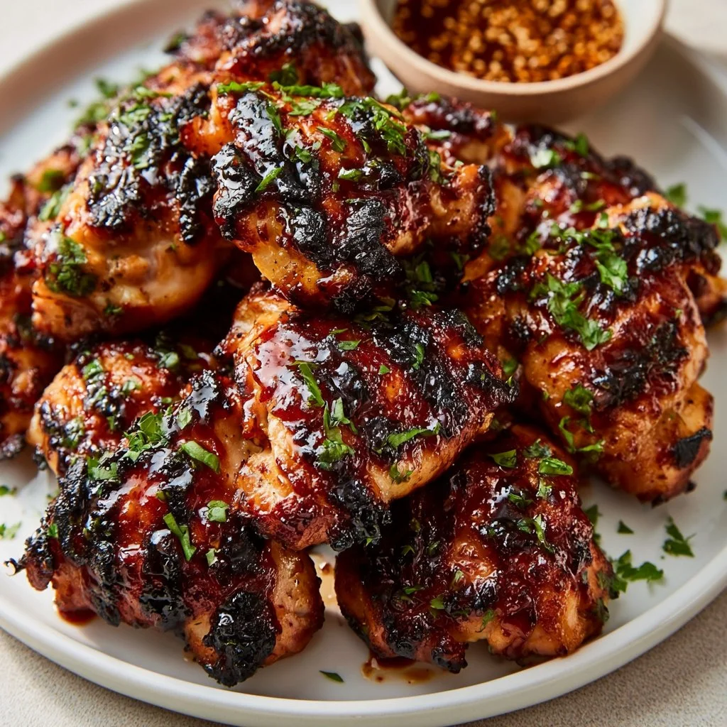 Grilled Korean chicken thighs served with ssamjang sauce garnished with green onions