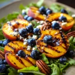 Grilled peach salad with blueberries and greens served on a plate.