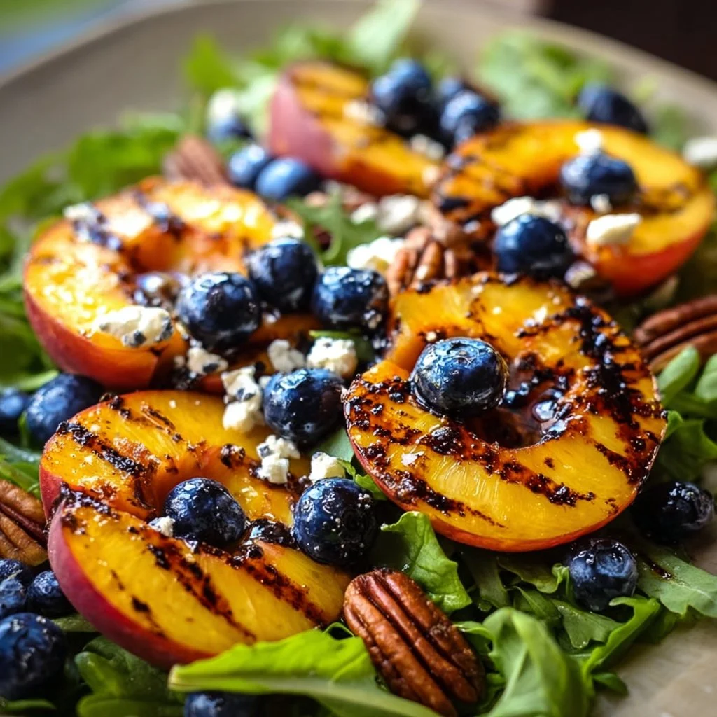 Grilled peach salad with blueberries and greens served on a plate.