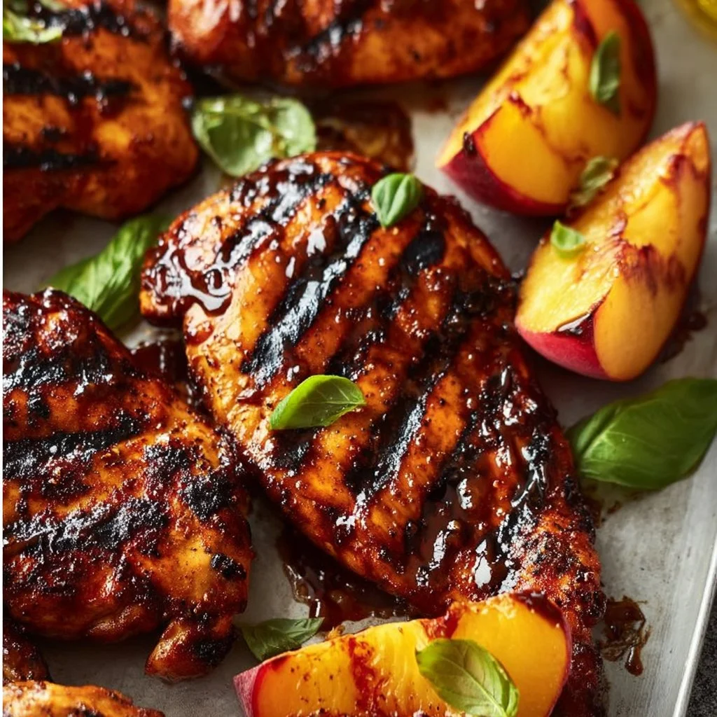Grilled peaches served with balsamic chicken on a plate