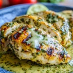Grilled salsa verde chicken topped with pepper jack cheese on a serving plate.