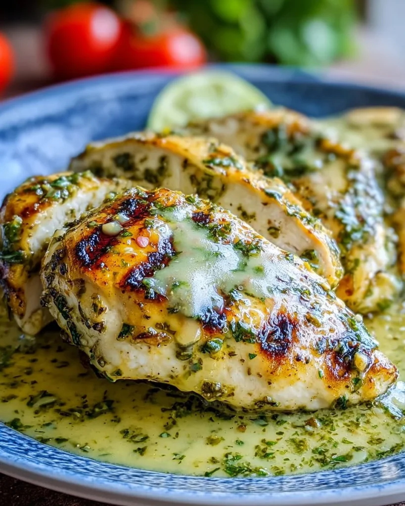 Grilled salsa verde chicken topped with pepper jack cheese on a serving plate.