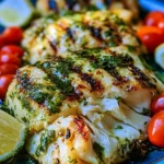 Grilled Salsa Verde Chicken with Pepper Jack cheese, garnished with fresh herbs.