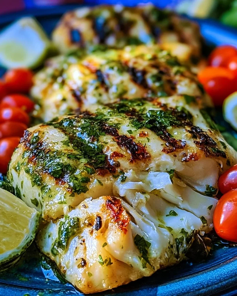Grilled Salsa Verde Chicken with Pepper Jack cheese, garnished with fresh herbs.