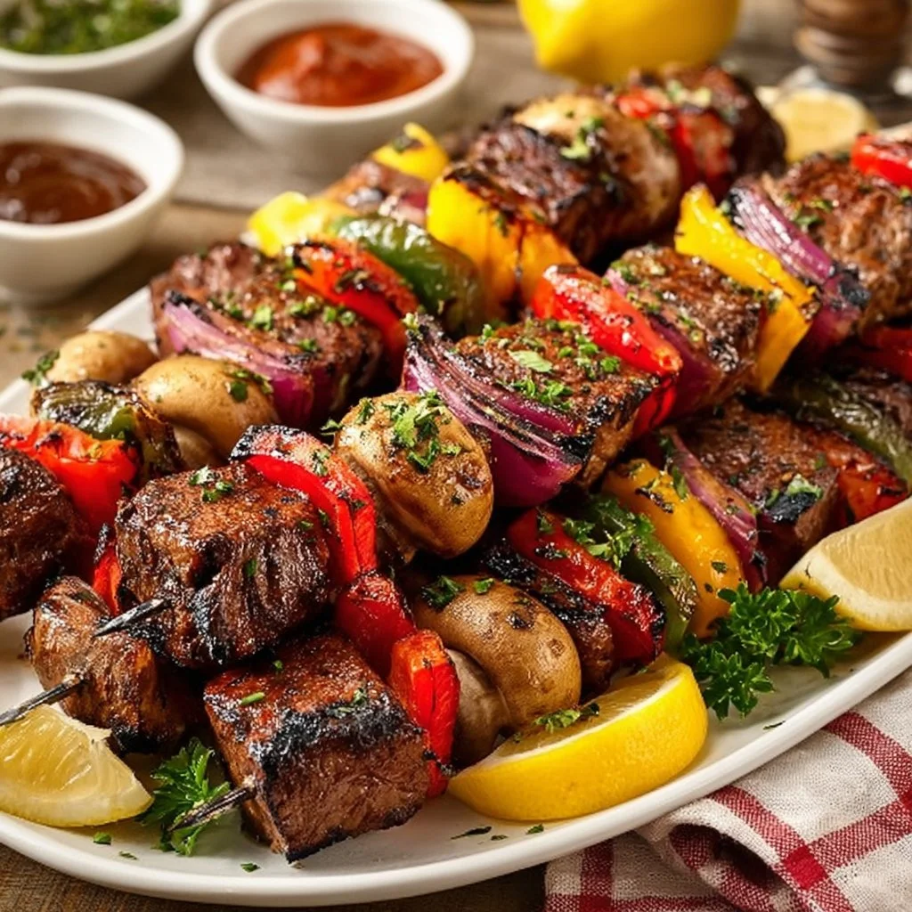 Delicious grilled steak kebabs skewered with vegetables on a barbecue grill.