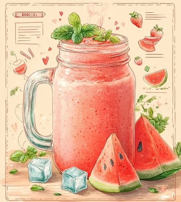 Healthy watermelon smoothie in a glass with fresh fruit garnishing