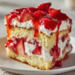 Slice of Heaven on Earth Cake topped with whipped cream and fruit