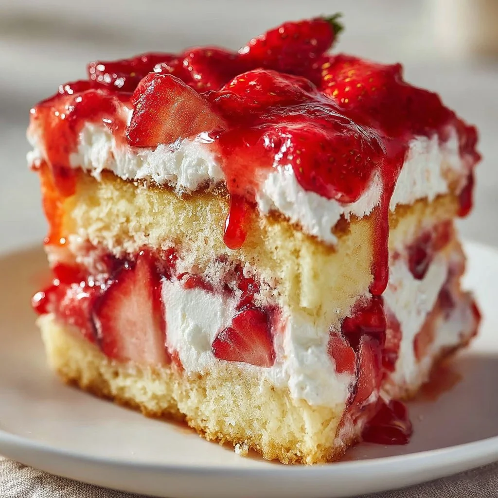 Slice of Heaven on Earth Cake topped with whipped cream and fruit
