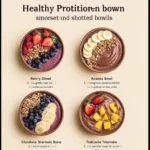 High-protein smoothie bowls topped with fruits and nuts for a nutritious meal.
