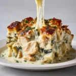 High protein spinach and artichoke chicken casserole dish served in a baking dish