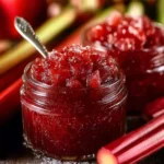 Jars of homemade rhubarb jam on a kitchen countertop