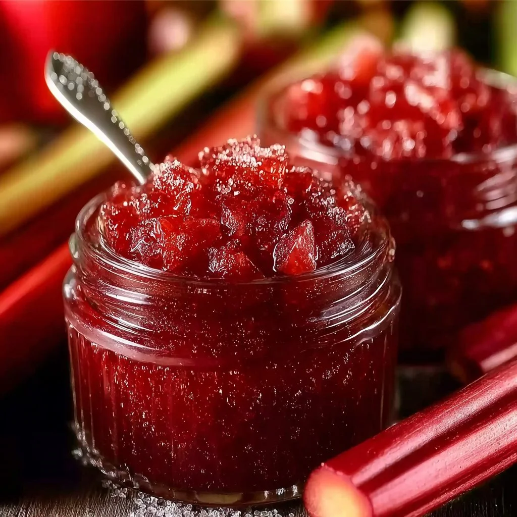Jars of homemade rhubarb jam on a kitchen countertop