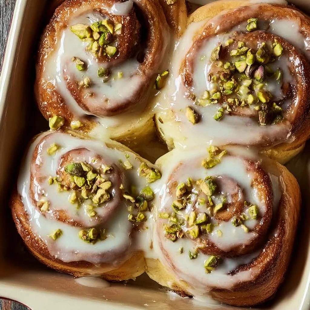 Decadent pistachio cream cinnamon rolls topped with cream icing