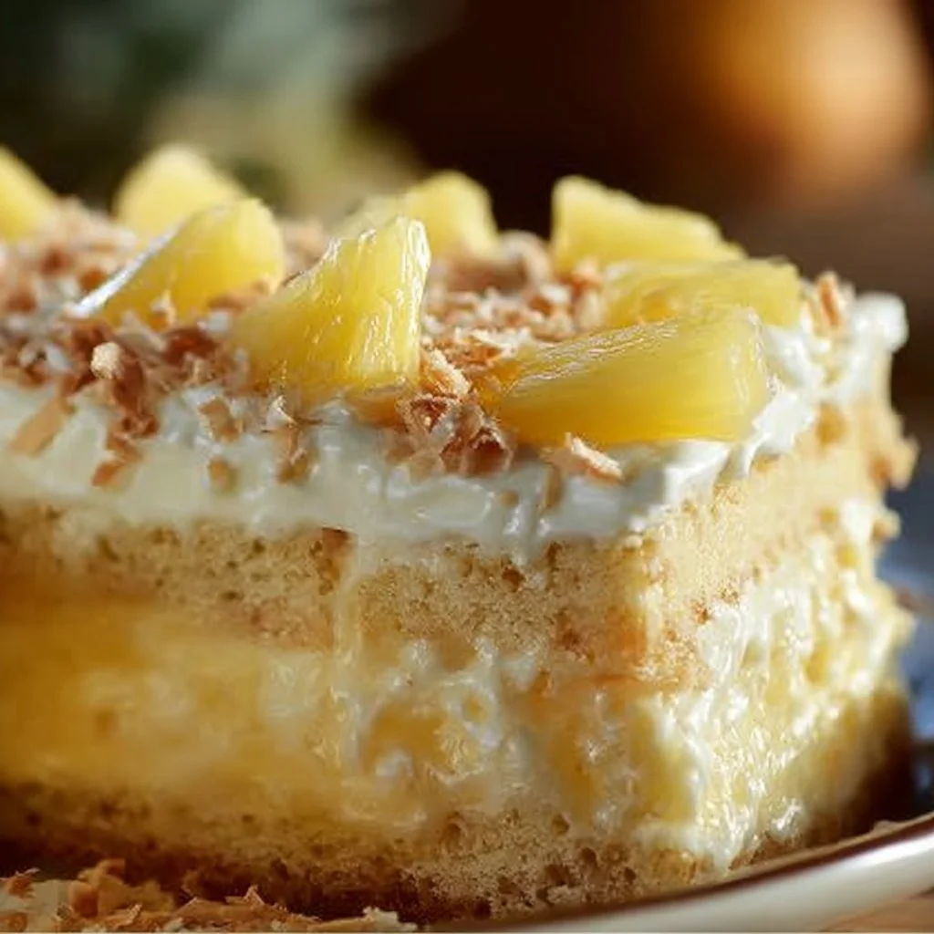 Moist Hawaiian Pineapple Cake with cream cheese frosting and pineapple slices