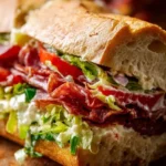 Italian Grinder Salad Sandwich with fresh vegetables and meats on a sub roll.