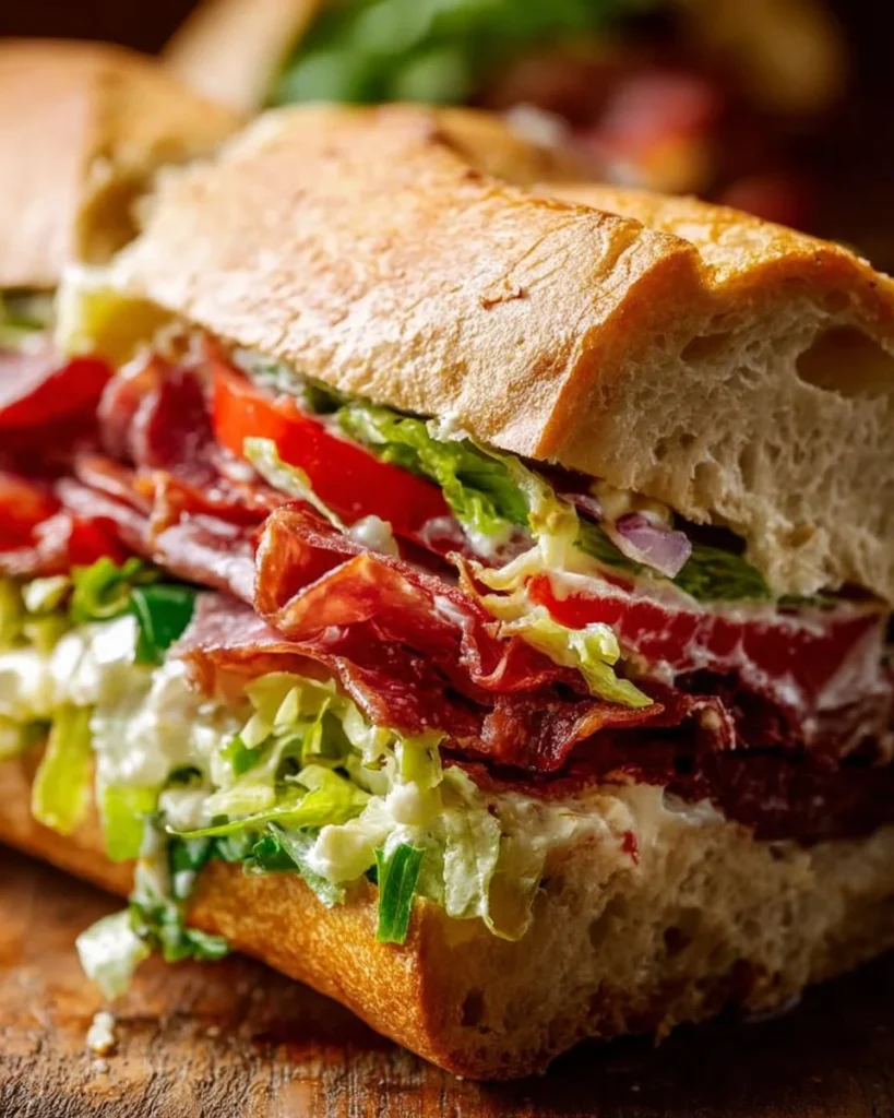 Italian Grinder Salad Sandwich with fresh vegetables and meats on a sub roll.