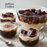 Delicious Japanese coffee jelly served in a glass with coffee beans decoration.