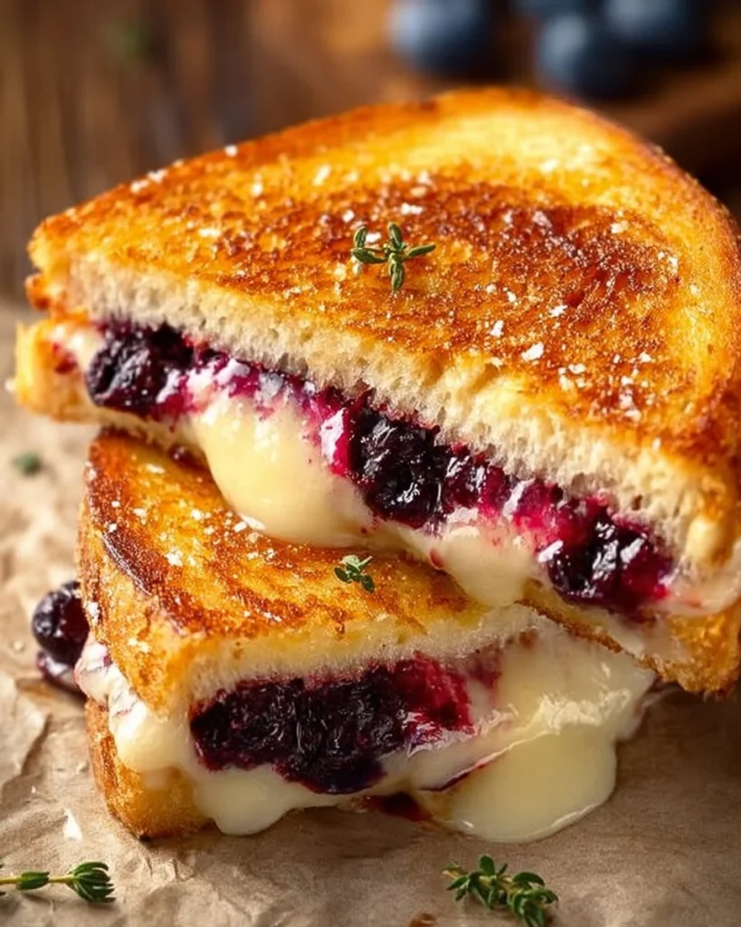 Delicious blueberry grilled cheese sandwich with melted cheese and fresh blueberries