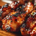 Juicy honey garlic chicken skewers on a grill, garnished with fresh herbs
