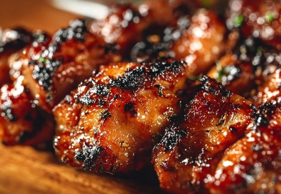 Juicy honey garlic chicken skewers on a grill, garnished with fresh herbs