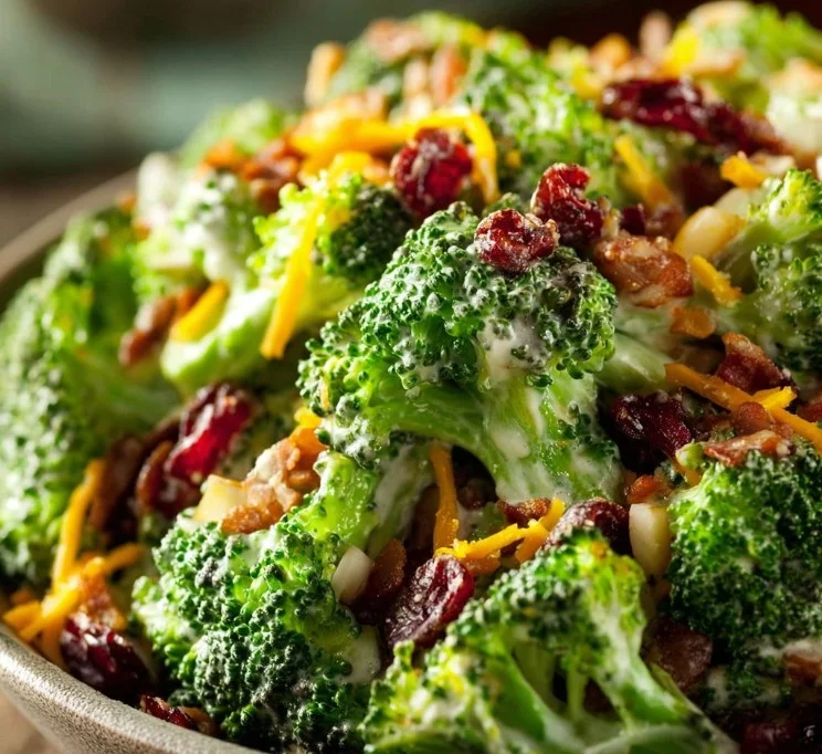 Healthy Keto Broccoli Salad served in a bowl with ingredients