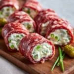 Keto Salami Roll Ups with cream cheese and vegetables