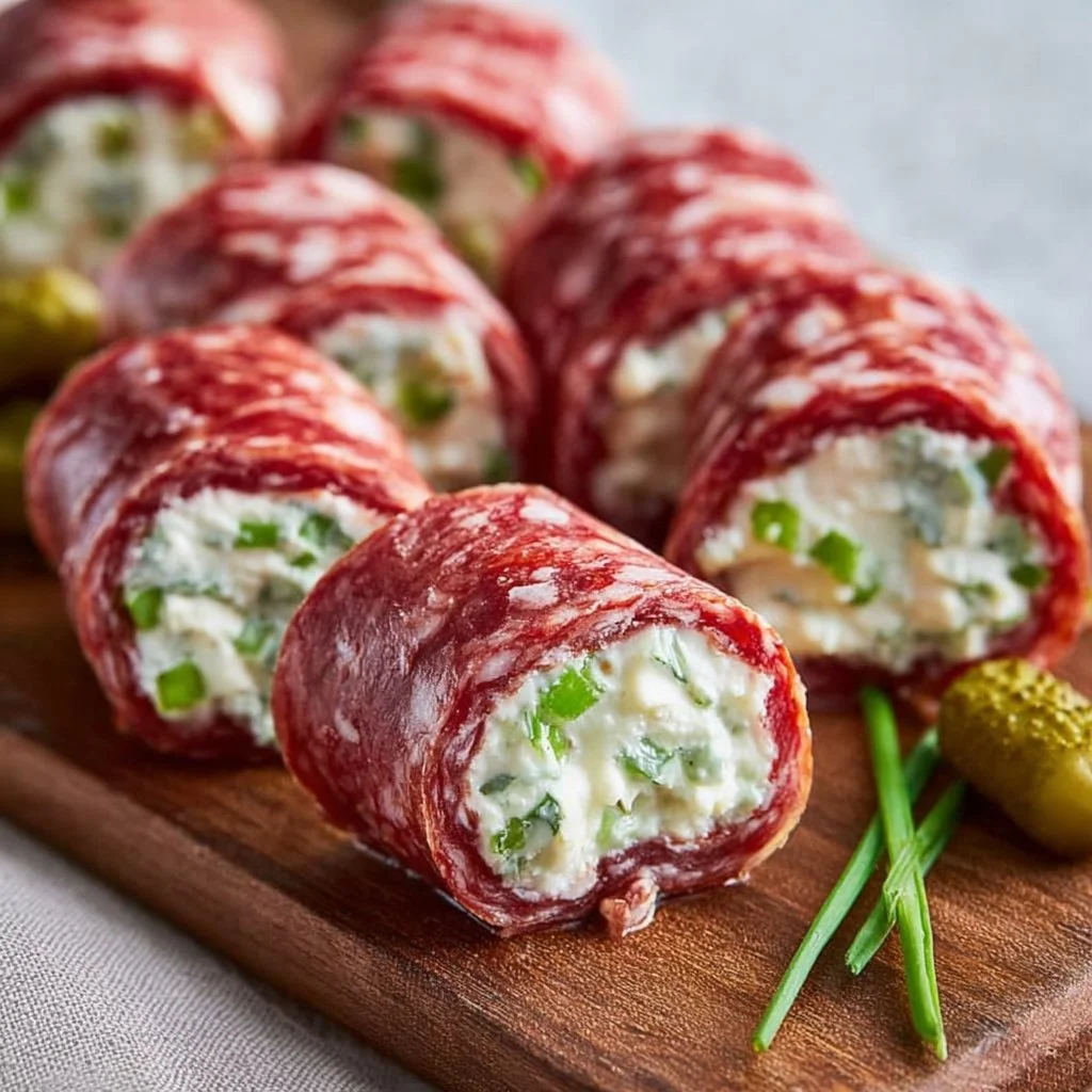 Keto Salami Roll Ups with cream cheese and vegetables