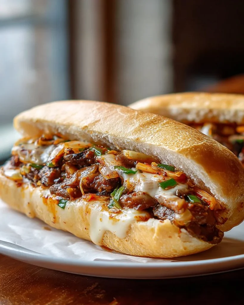 Korean-inspired kimchi bulgogi cheesesteak topped with melted cheese and fresh veggies