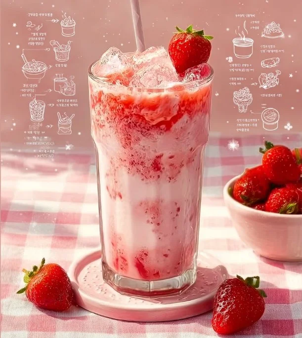 Glass of Korean strawberry milk with fresh strawberries on the side