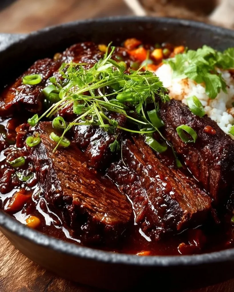 Delicious Korean style pot roast served with vegetables and aromatic spices.