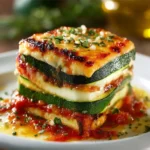 Layered zucchini ricotta melts topped with marinara sauce on a plate.