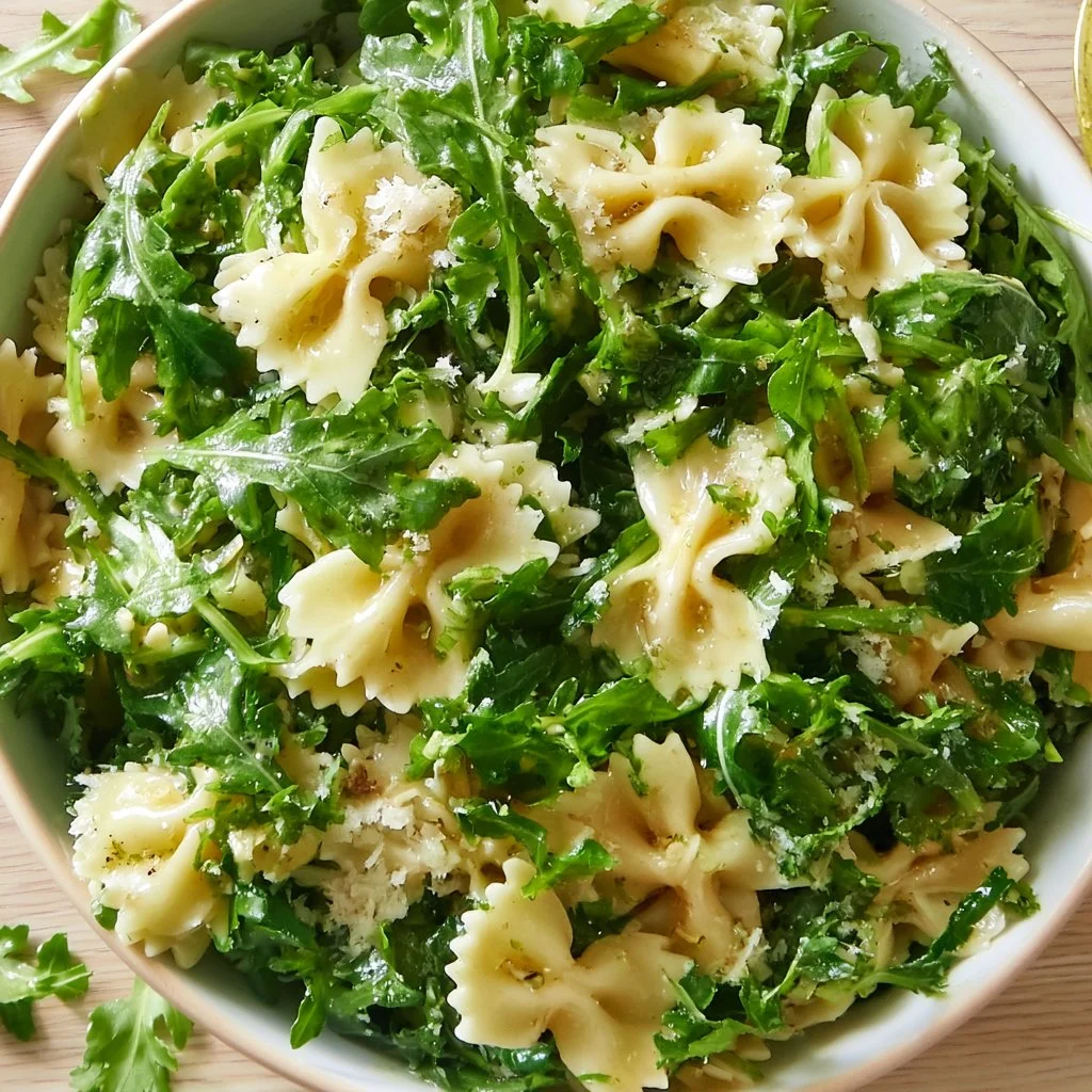 Delicious Lemon Arugula Pasta Salad with fresh ingredients and zesty dressing.