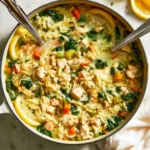Bowl of Lemon Chicken Orzo Soup with fresh herbs and lemon slices