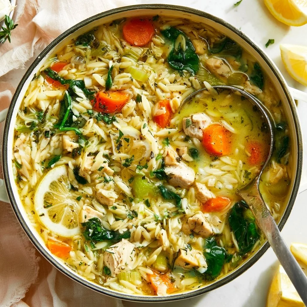 Bowl of Lemon Chicken Orzo Soup with herbs and lemon slices