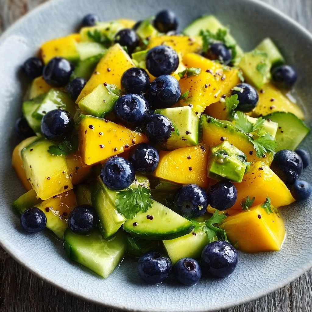 Mango Cucumber Salad with Blueberries and Avocado in a vibrant bowl