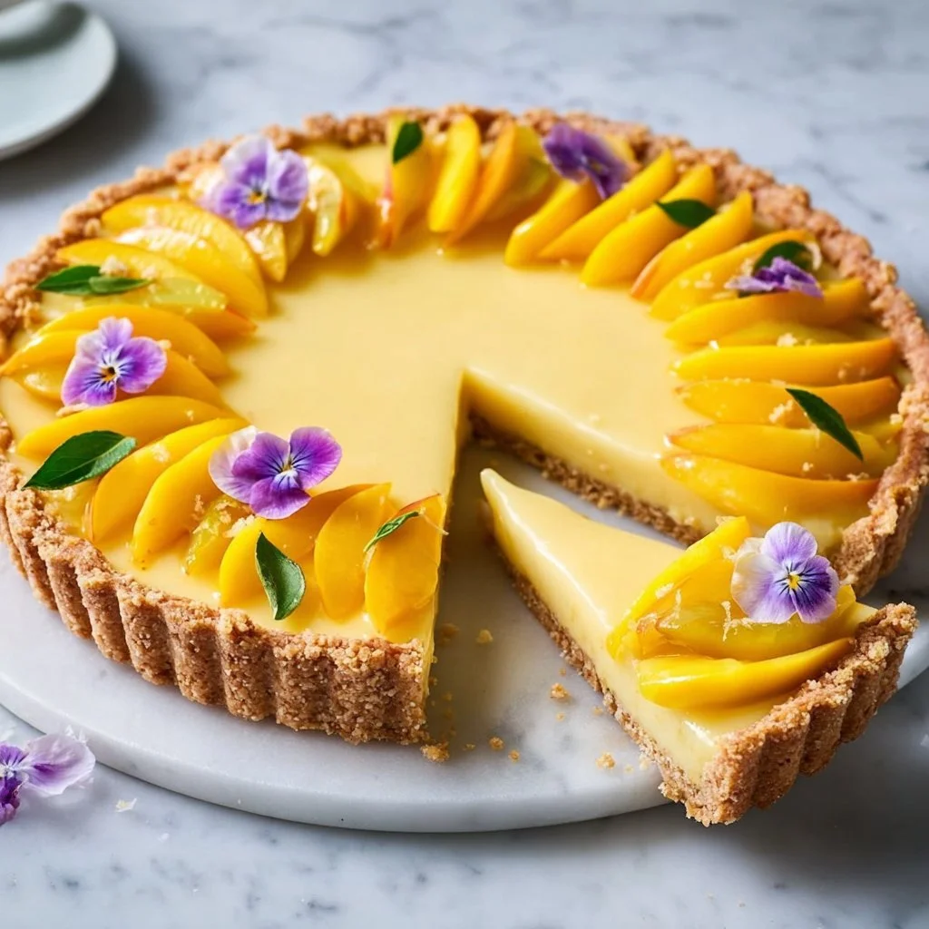 Delicious mango curd tart topped with fresh mango slices and mint